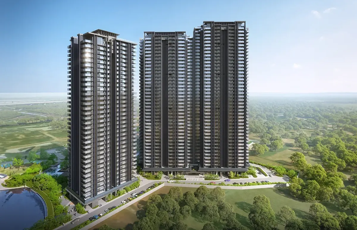 Krisumi Waterside Residences — three towers aerial exterior