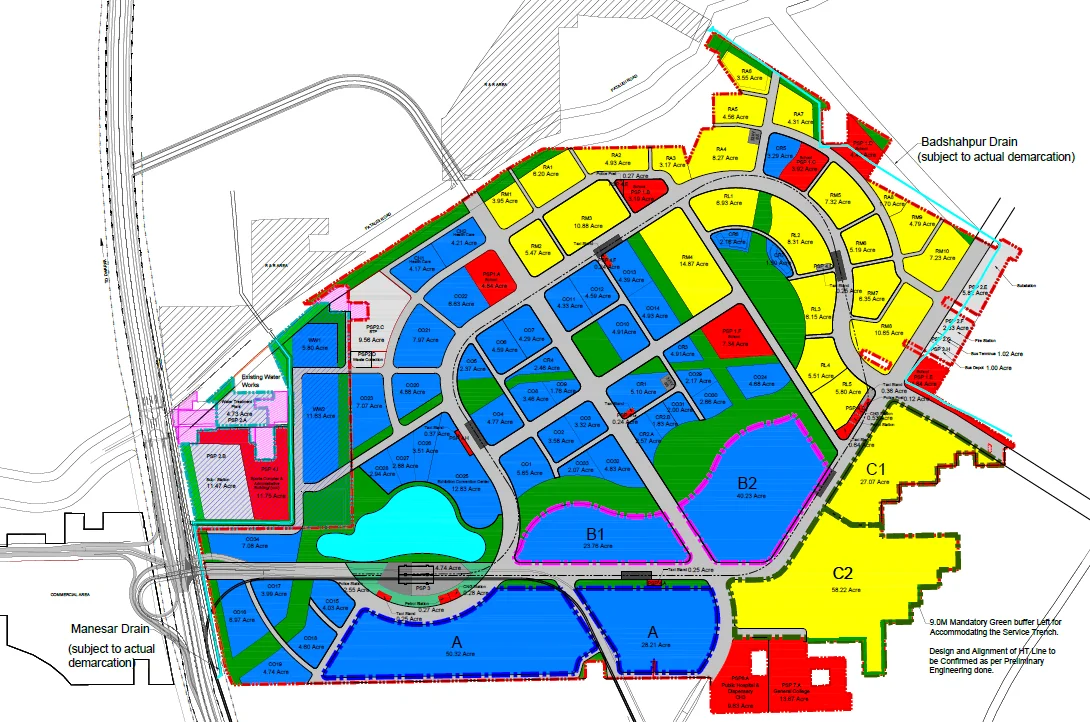 Global City Gurugram master plan showing land parcels around a central lake