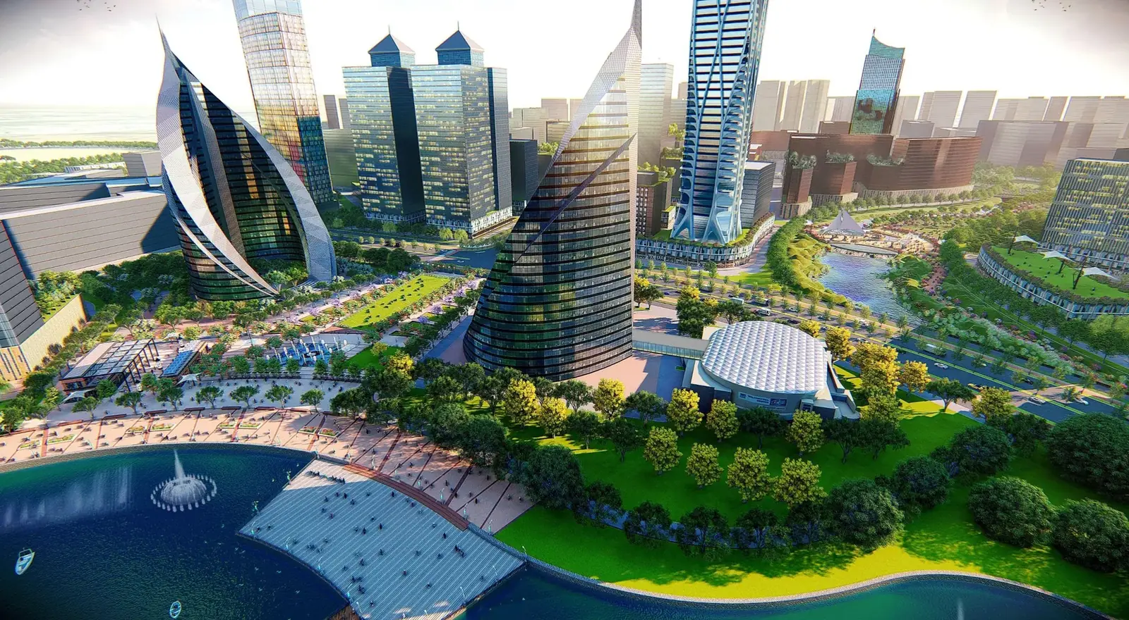 Render of Global City Gurugram towers around a central lake