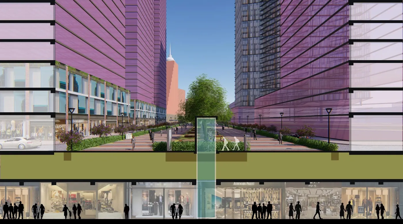 Render of a Global City street with towers, a tree-lined promenade and an underground retail level