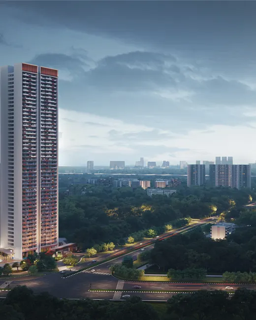 Adani The Marq — twin towers at dusk, wide