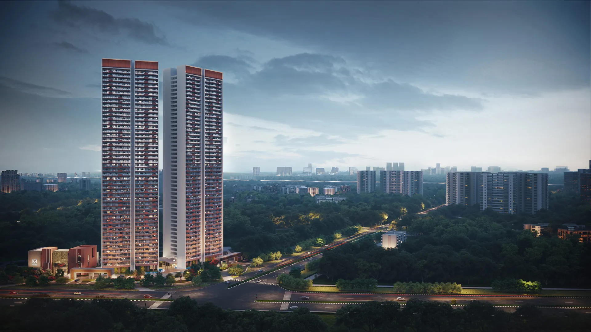 Adani The Marq — twin towers at dusk, wide