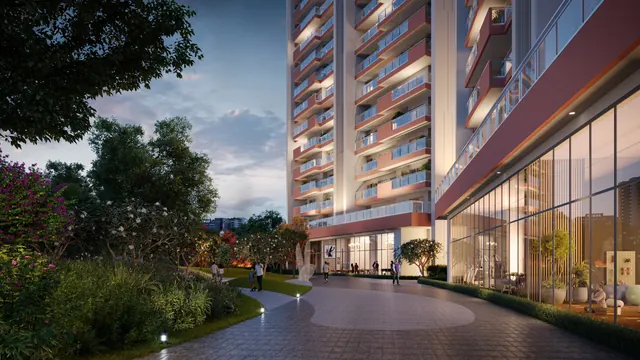 Adani The Marq — tower entrance and landscaped plaza