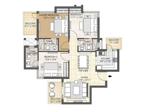Adani Oyster Grande 3 BHK floor plan