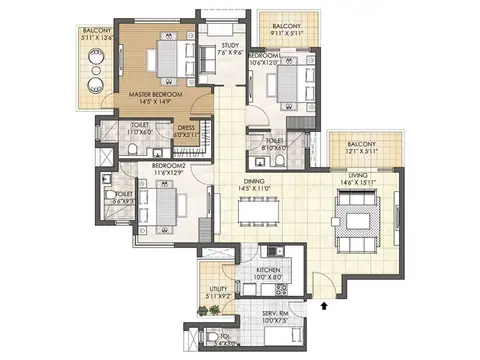 Adani Oyster Grande 3 BHK + SRV + PR floor plan