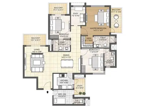 Adani Oyster Grande 3 BHK + SRV + STD floor plan