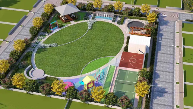 Adani Tatva Estates — central park and sports courts render