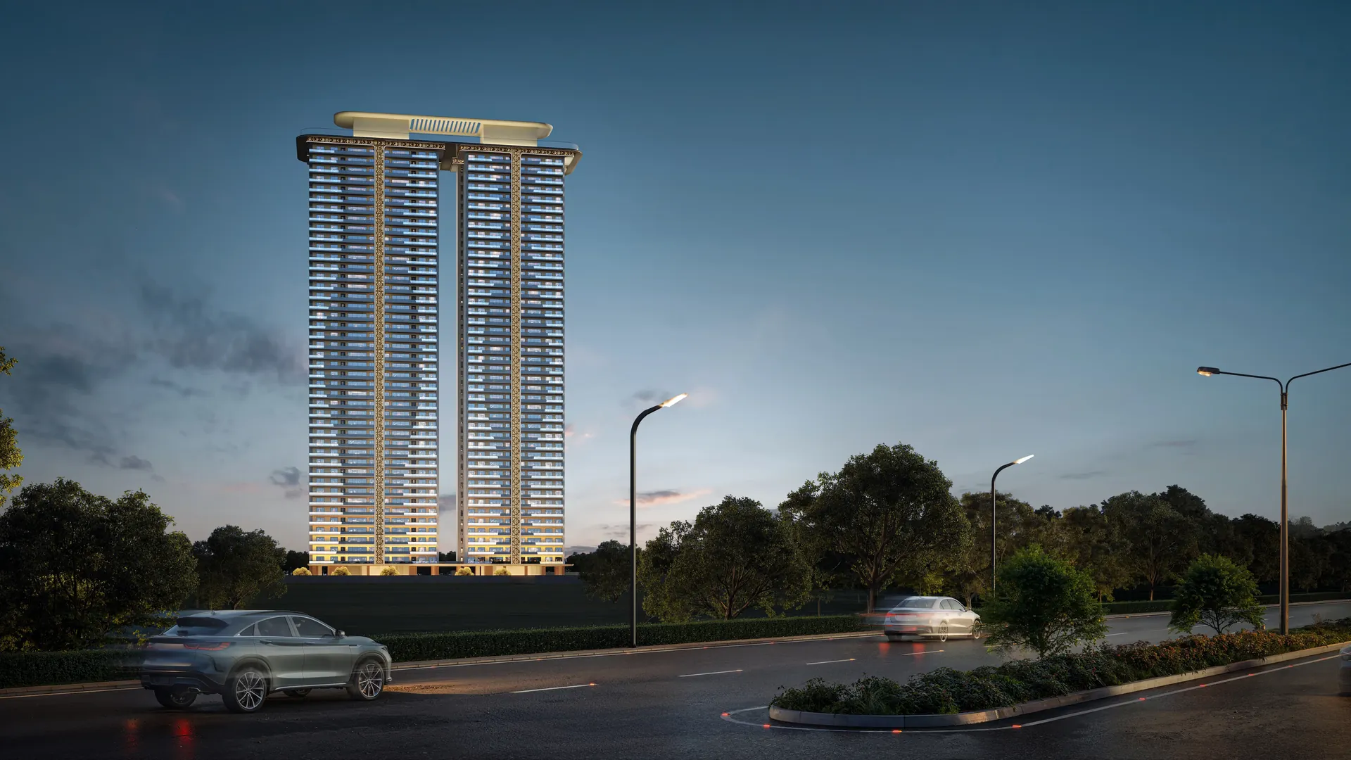 AIPL Riviera — twin 43-storey towers exterior at dusk