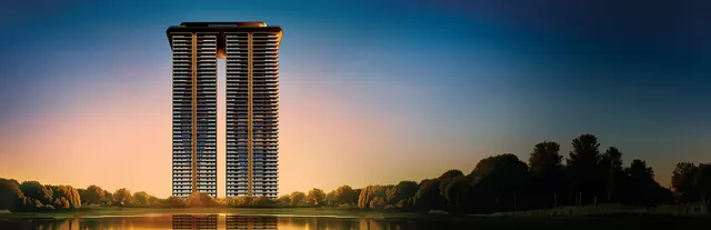AIPL Riviera — towers at sunset over lake, panoramic