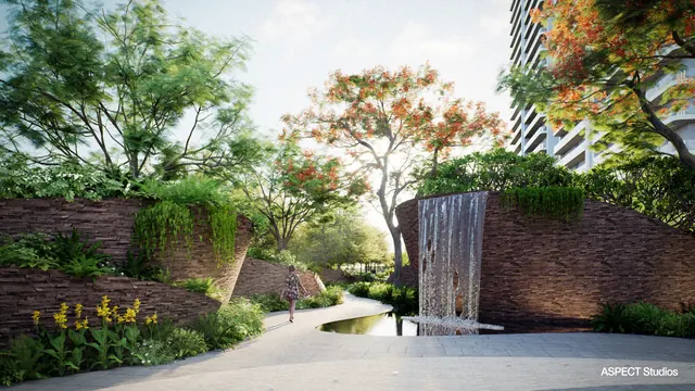AIPL Riviera — landscaped courtyard with water feature