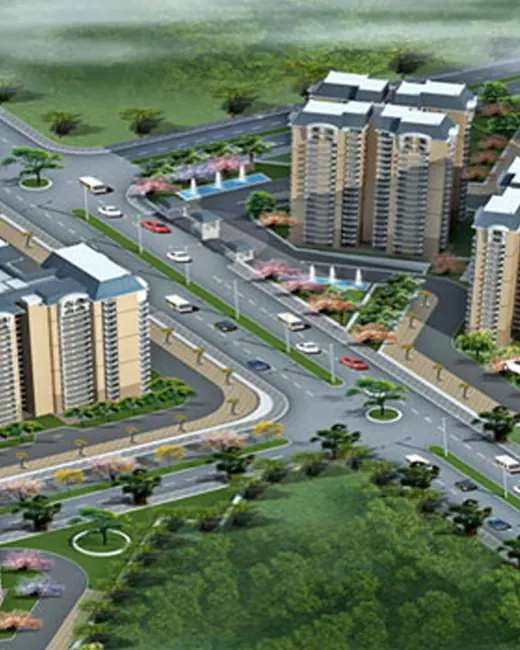 Ansal Highland Park — aerial render of towers along sector roads
