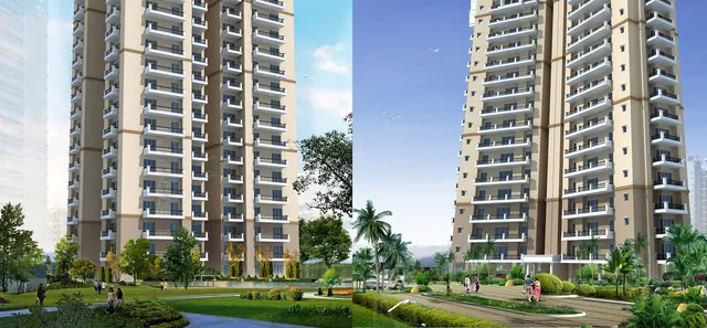 Ansal Highland Park — tower elevations with landscape (render pair)