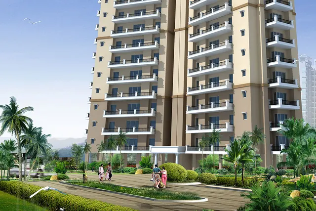 Ansal Highland Park — tower elevation with landscaped drive (render)
