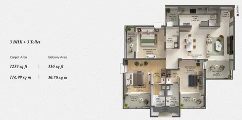 Ashiana Aaroham 3BHK + Servant floor plan