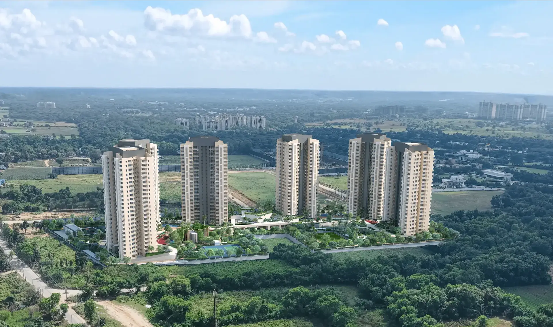 Ashiana Aaroham — aerial view of five towers with landscape