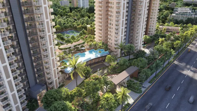 Ashiana Aaroham — aerial of towers, pool and landscaped deck