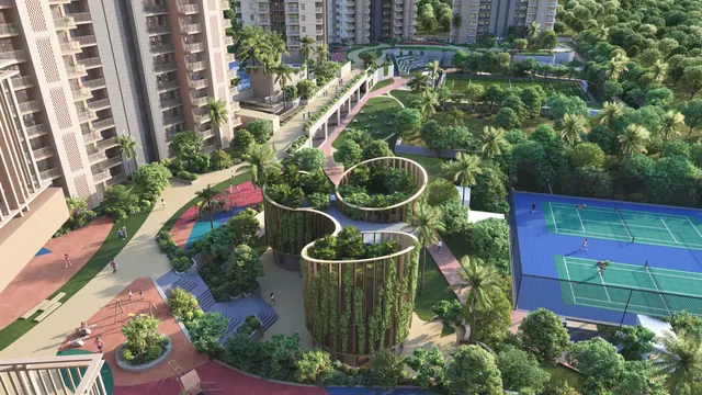 Ashiana Aaroham — central landscape with planter pavilions and courts
