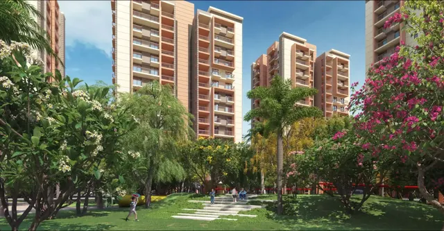 Ashiana Amarah — landscaped garden with towers render