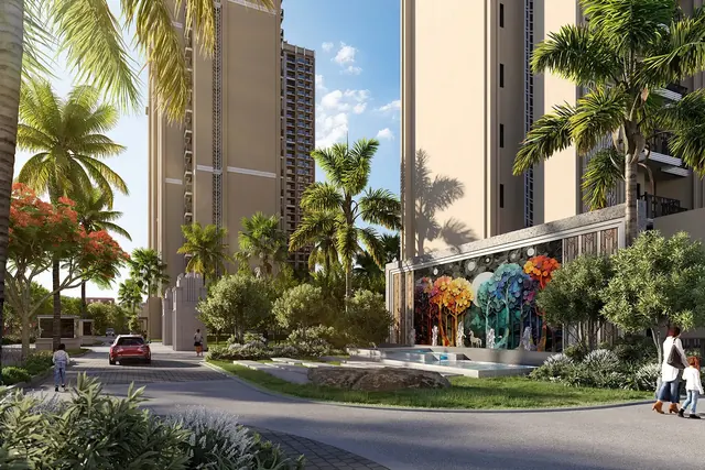 ATS HomeKraft Sanctuary 105 — landscaped driveway with art installation