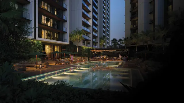 Aura The Aerth — Pool lounge with towers (render)