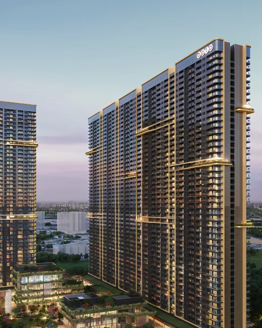 BPTP Verti Greens GAIA Residences — exterior towers at dusk