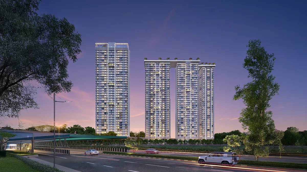 Central Park Delphine — twin towers at dusk from expressway