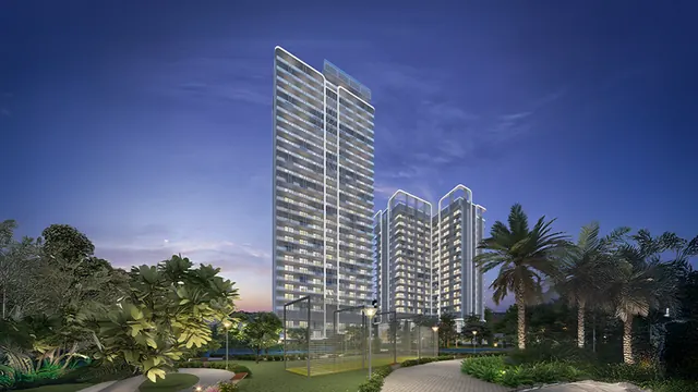 Central Park Delphine — towers with landscaped gardens at dusk