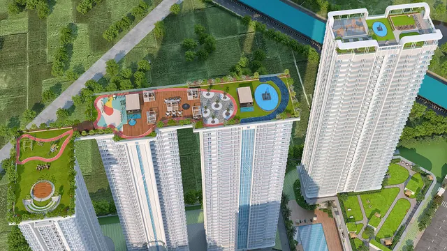 Central Park Delphine — aerial of towers and podium amenities