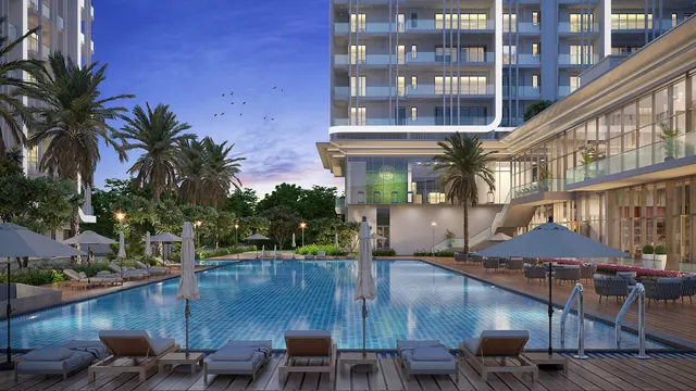 Central Park Delphine — pool deck with towers