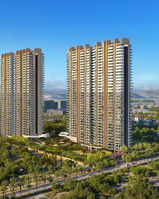Conscient Elaira Residences — twin towers aerial view with Aravalli backdrop
