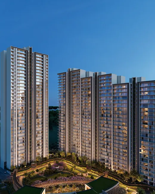 Conscient Parq — towers exterior at dusk (aerial)