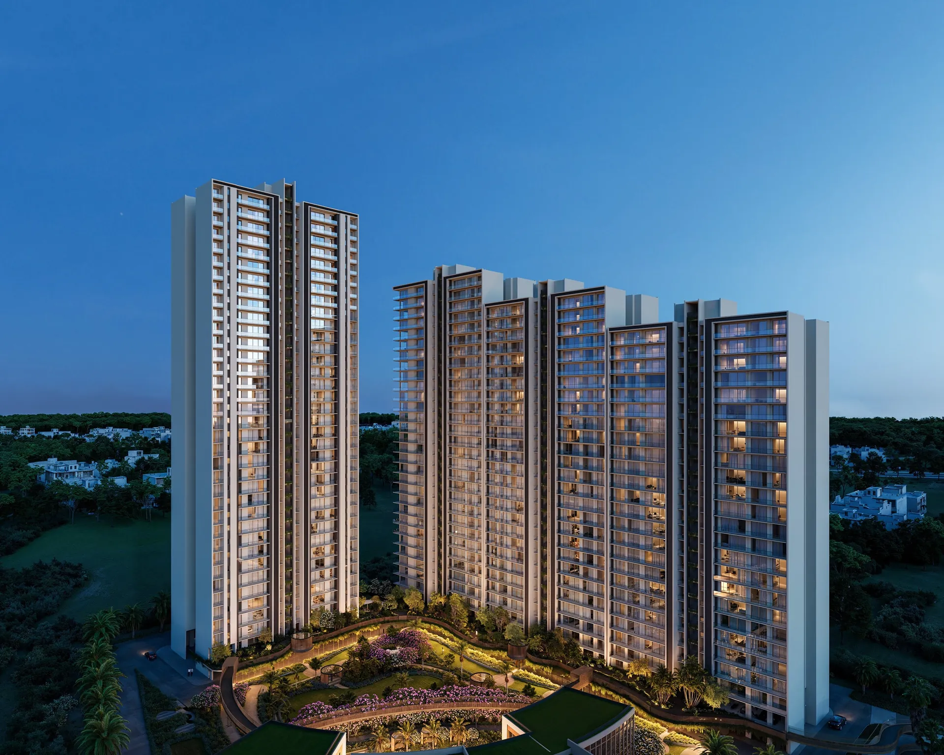 Conscient Parq — towers exterior at dusk (aerial)