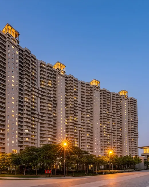 County The Center Court — towers and Club Mocha clubhouse at dusk (real photo)