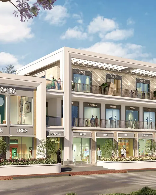 DLF Club Arcade — Daytime render of the Club Arcade retail block from the road