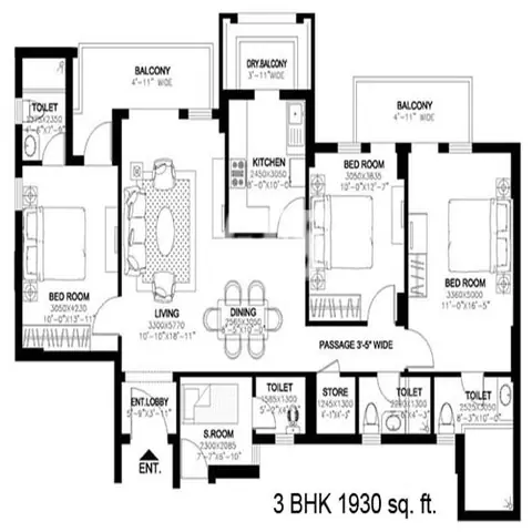DLF New Town Heights 3 BHK + 3T floor plan