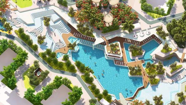 Elan The Emperor — aerial view of resort-style pool and landscape render