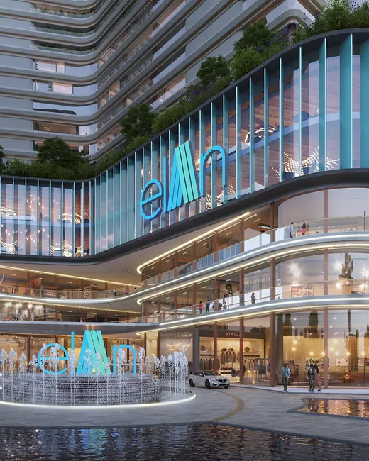 Elan Imperial — Front elevation render with signage and fountain