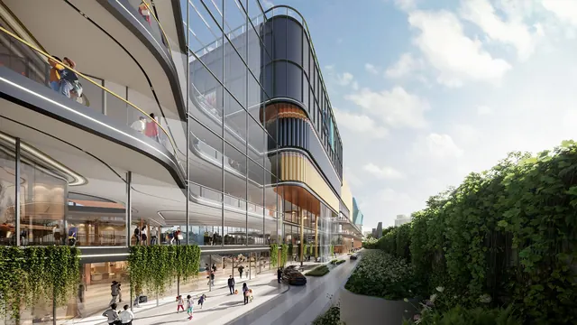 Elan Imperial — High-street frontage render along the landscaped edge