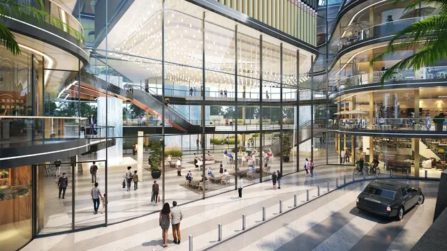 Elan Imperial — Glass-roofed atrium and drop-off (render)