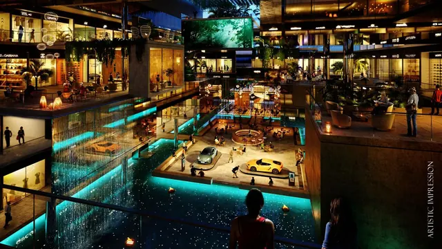 Elan The Mark — Central atrium with water feature at night, render