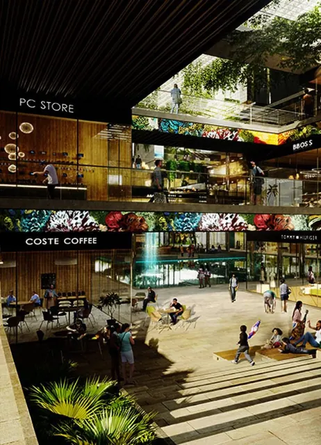 Elan The Mark — Multi-level food and retail court, render