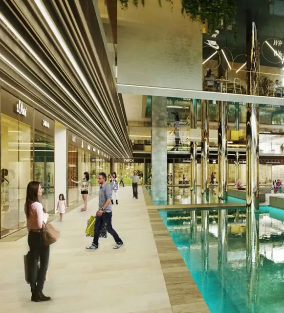 Elan The Mark — Retail promenade beside the water body, render