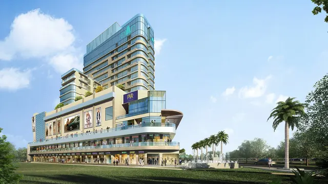 Elan Mercado — Corner elevation with PVR signage (render)