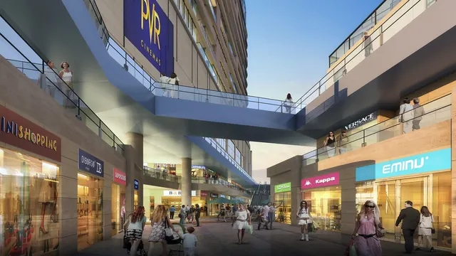Elan Mercado — Retail promenade with shopfronts (render)