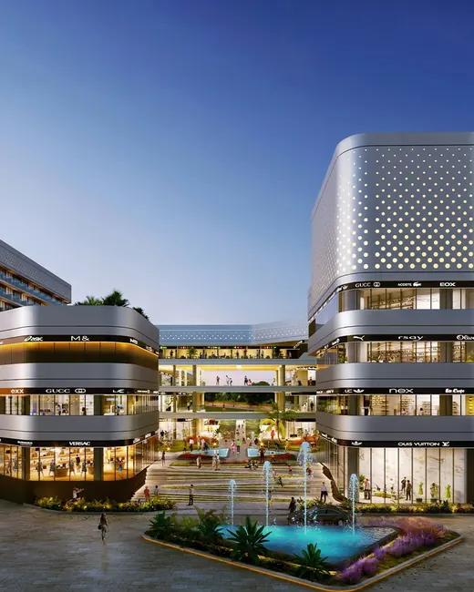 Elan Miracle — Front view with central plaza and fountain (render)