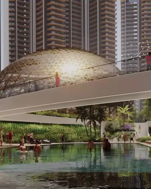 Elan The Presidential — pool deck with towers and dome render (frame from official banner video)