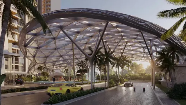 Elan The Presidential — landscaped arrival boulevard under canopy render (frame from official banner video)