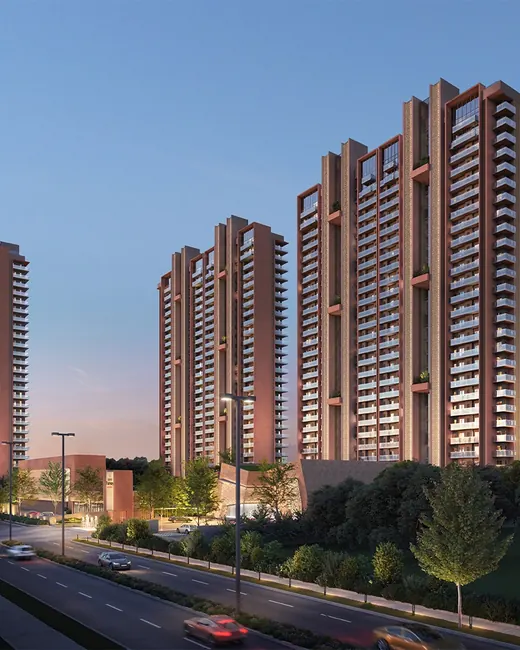Eldeco Fairway Reserve — towers at dusk from road render