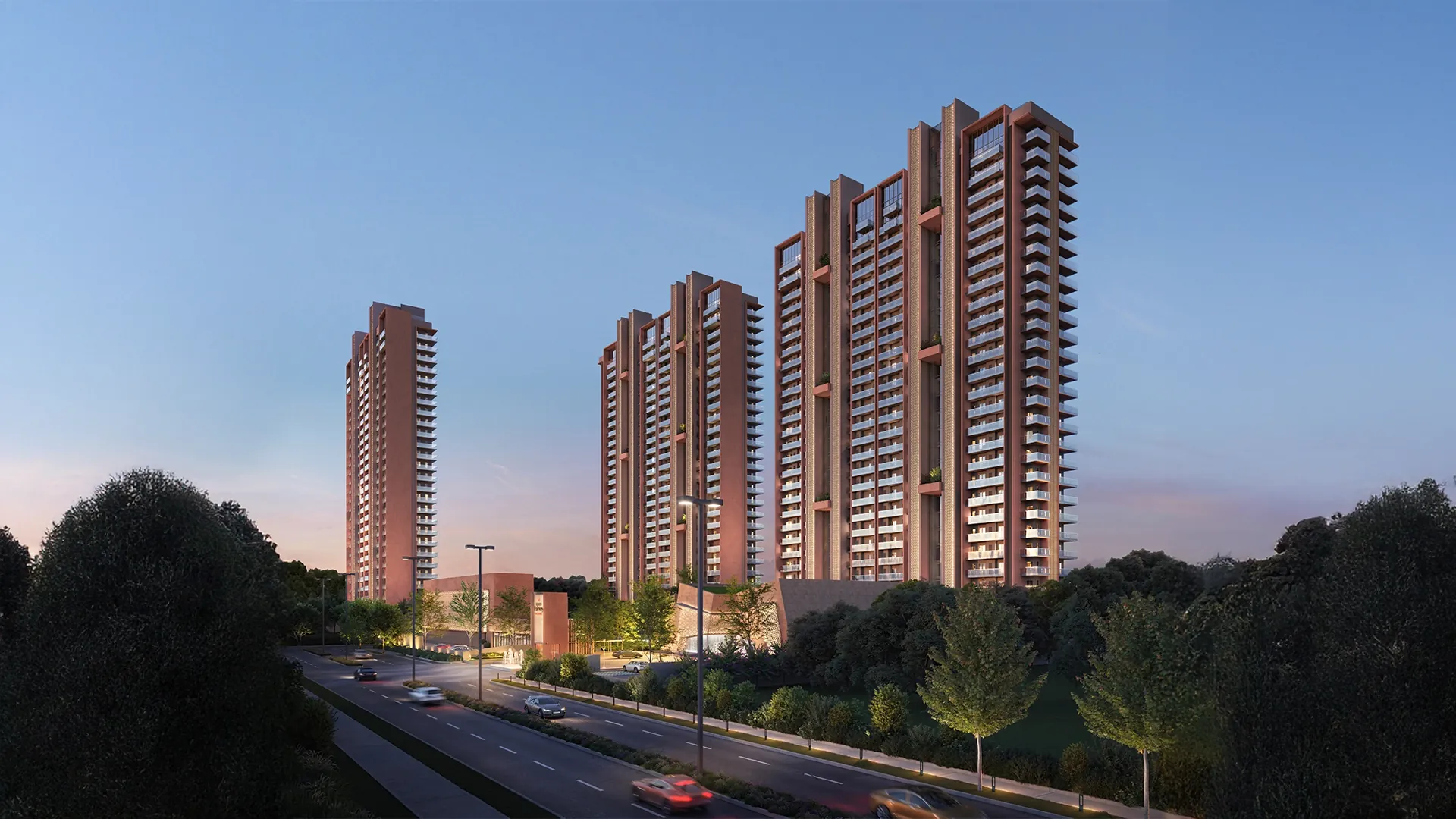 Eldeco Fairway Reserve — towers at dusk from road render
