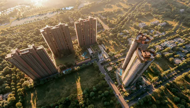 Eldeco Terra & Sol — aerial view at golden hour render